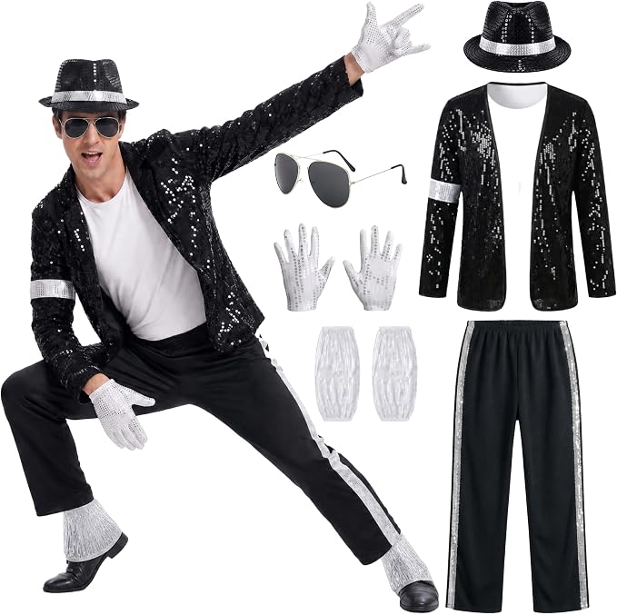 King of Pop Costume Adult - 7-Piece Sequin Stage Outfit Set