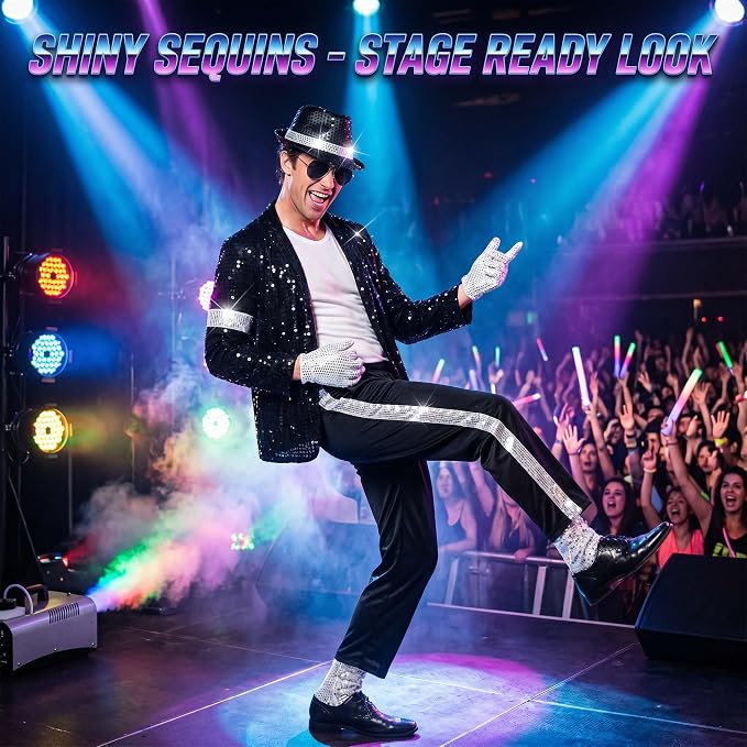 King of Pop Costume Adult - 7-Piece Sequin Stage Outfit Set