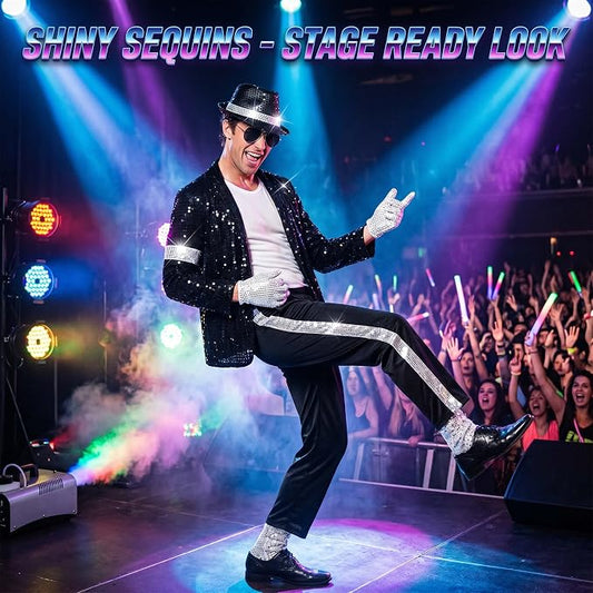 King of Pop Costume Adult - 7-Piece Sequin Stage Outfit Set