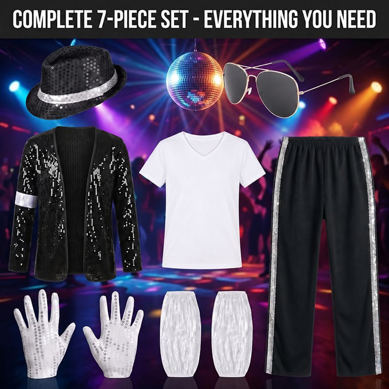 King of Pop Costume Adult - 7-Piece Sequin Stage Outfit Set