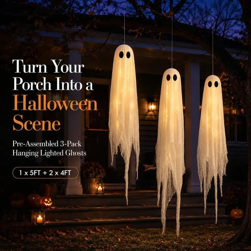 3-Pack Hanging Ghost Lights, 5FT + 4FT + 4FT Halloween Decor