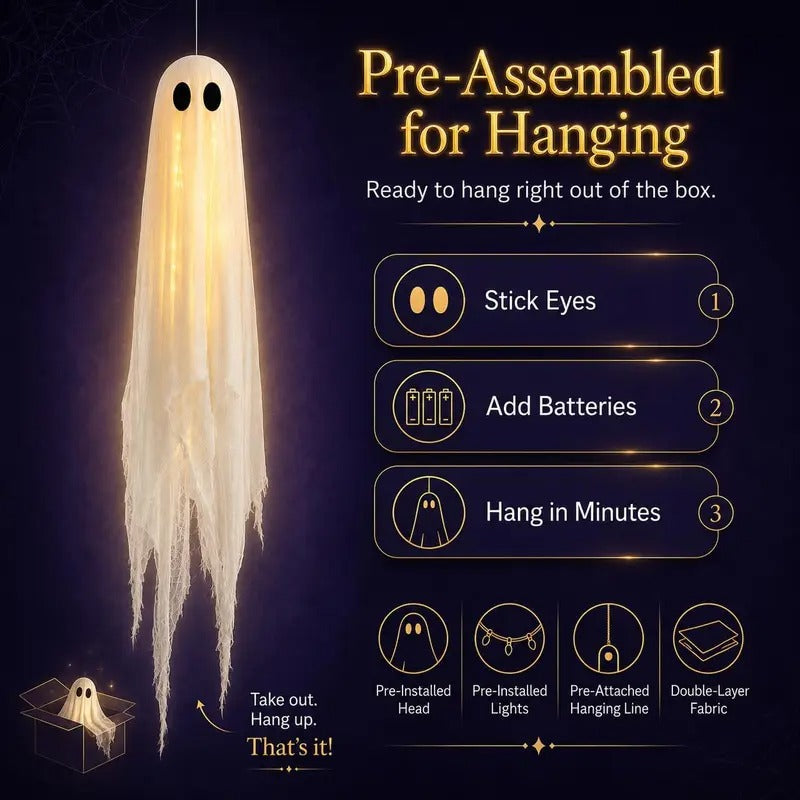 3-Pack Hanging Ghost Lights, 5FT + 4FT + 4FT Halloween Decor