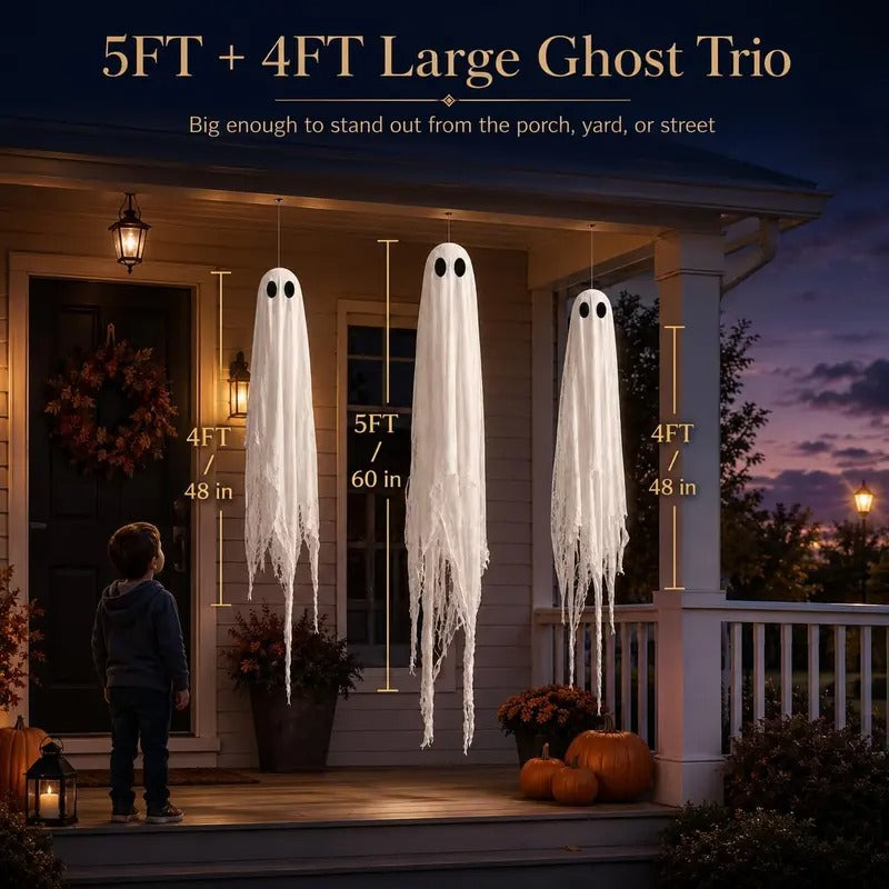 3-Pack Hanging Ghost Lights, 5FT + 4FT + 4FT Halloween Decor